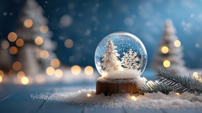 Snow globe creating a magical winter scene with a miniature christmas tree and sparkling snowflakes inside. Surrounded by soft bokeh lights and fresh snow