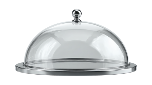 Glass cloche on a polished silver serving tray, ideal for elegant food presentation and upscale dining, transparent glass dome reflecting chrome for premium restaurant service, png