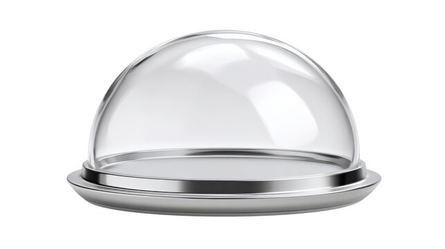 Clear glass dome cloche on a sleek silver serving tray, creating an elegant display case for presenting various items, emphasizing isolation and a refined product showcase, png