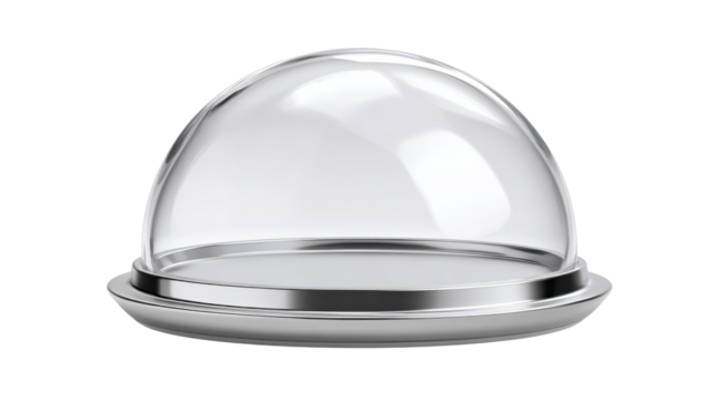 Clear glass dome cloche on a sleek silver serving tray, creating an elegant display case for presenting various items, emphasizing isolation and a refined product showcase, png
