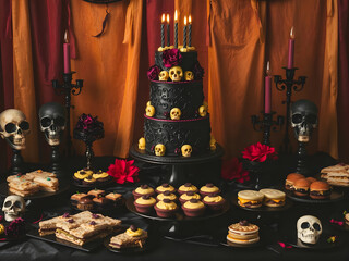 Una mesa de celebración gótica, con un montón de calaveras