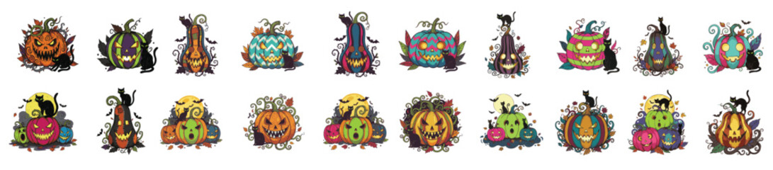 Fantasy Halloween Pumpkins. Stacked and Decorated with Vines and Leaves.