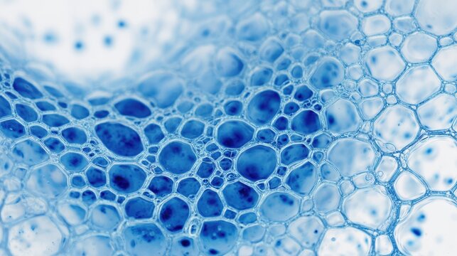 Macro view showing blue bubbles and foam creating a detailed texture of interconnected cells and liquid membranes, representing biology, chemistry, and cleanliness