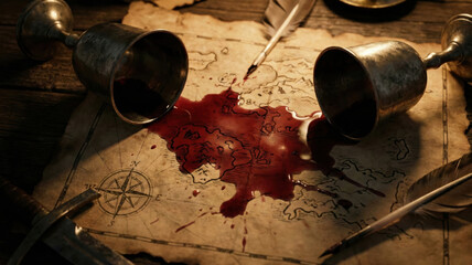 Hyper-realistic animation pirate feast and tavern scene spilled red wine on old treasure map with coins and compass