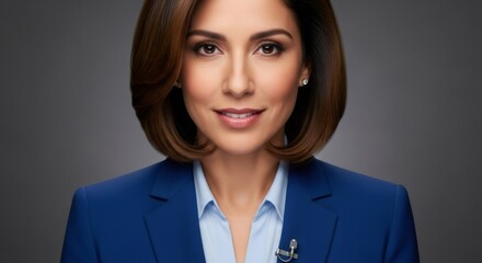 Woman reporter in blue jacket with lapel microphone, ready for news report or interview. Broadcast journalism concept.