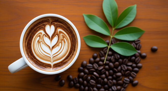 Overhead View of Latte Art Coffee with Roasted Beans and Green Leaves on Wood - Powered by Adobe