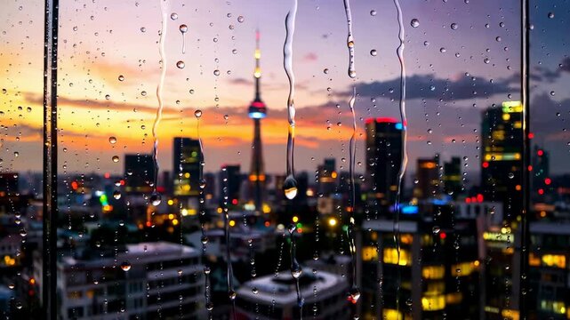 Rainy Cityscape at Sunset: A Tranquil Urban View.
