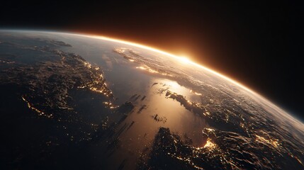 Fototapeta premium Earth view from space with city lights and sunrise over the horizon.