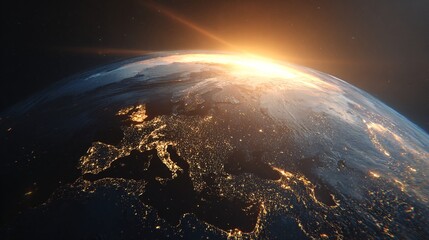 Earth view from space with sunrise or sunset illuminating the atmosphere.