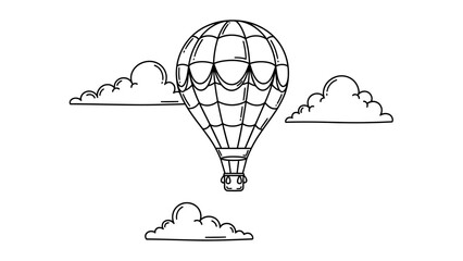 Hot air balloon with clouds, line art drawing, isolated on