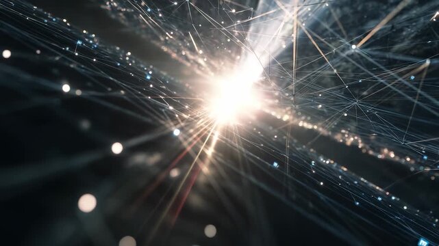 A bright light bursts forth, illuminating a network of shimmering lines that extend into the darkness. Energetic particles dance around the light, creating a mesmerizing cosmic sce