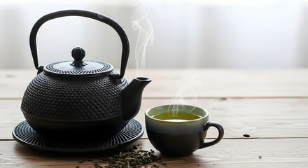 Traditional black cast iron teapot and steaming green tea cup on a rustic wooden table for a healthy lifestyle concept and mindful morning routine
