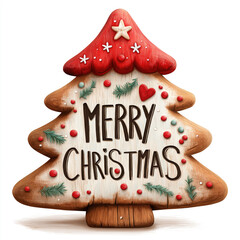 Wooden Christmas tree toy with inscription on white background, Merry Christmas. Christmas tree ornament with Merry Christmas text, festive rustic holiday decoration.