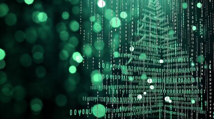 wide panoramic Christmas eve background, green color Christmas tree and background with moving codes and numeric data with copy space 