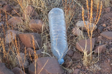 Obraz premium A plastic bottle lying on the ground, Plastic pollution, Plastic environmental impact