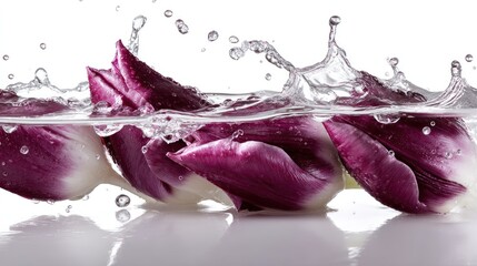 Purple tulips in water with splashes