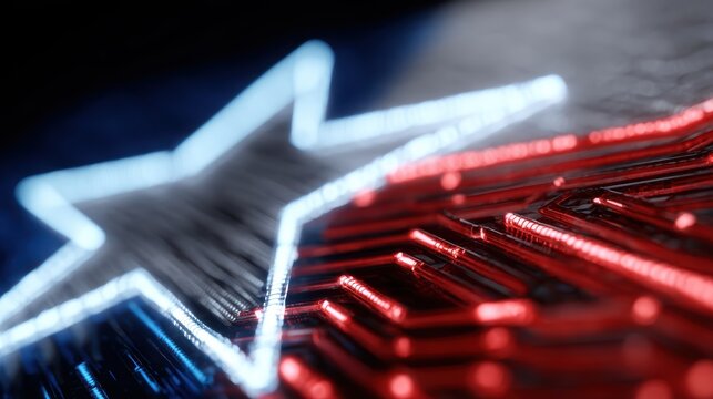 neon cyberpunk texas flag, texan flag given a neon cyberpunk makeover, incorporating glowing circuitry creating the lone star, holographic metallic textures, and a futuristic cityscape, with blue and