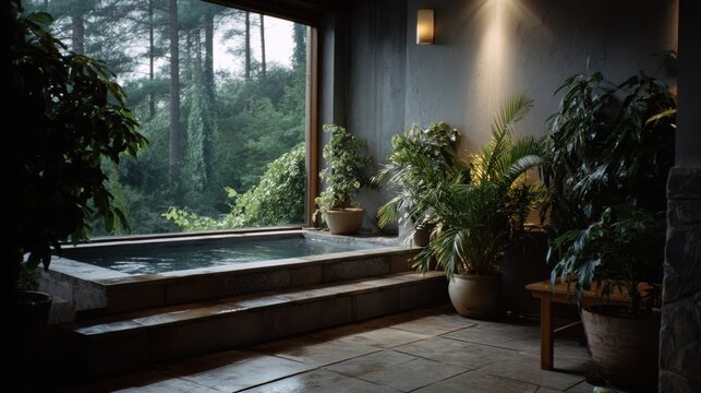 Photo of an interior Japanese spa with large windows overlooking the forest, gray walls and stone floor, small potted houseplants, natural lighting, and a steamy hot water pool.