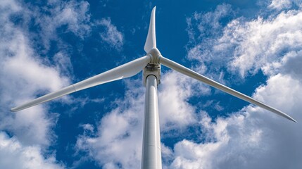 Wind turbine against a blue sky with white clouds generating renewable energy.