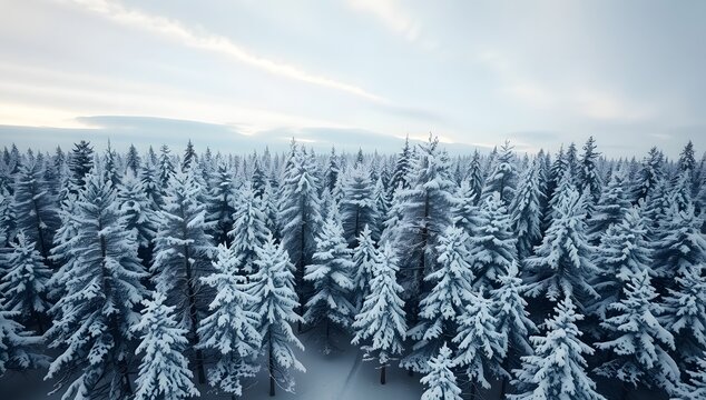 aerial view from directly above a dense snowy fir tree forest.