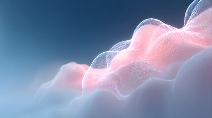 Abstract glowing pink and blue cloud formation representing digital data flow. Concept for 5G, 6G, and cloud computing technology.