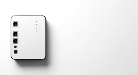 Modern wireless router on minimalist surface, showing ports and indicator lights. Wireless router facilitates network connections with ethernet ports for LAN cables.