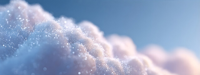 Abstract cloud with sparkling particles against blue sky. Digital technology background for 5G and cloud service. Futuristic data visualization concept.