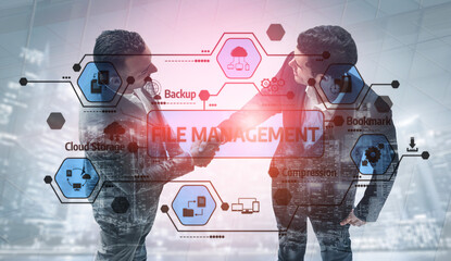 Two business professionals shake hands, symbolizing collaboration in digital file management, with visuals of cloud storage and backup technology in the background. Tessel