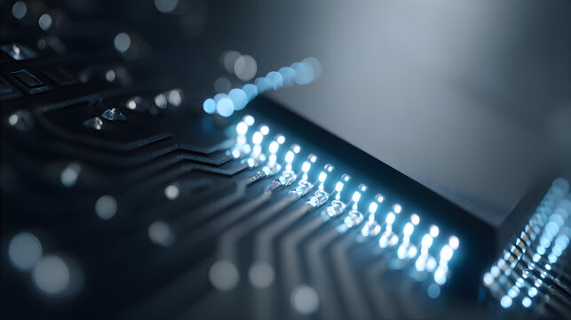 Circuit board with glowing blue lights. Digital data transfer. Technology background for 5g, 6g, cloud service, edge computing, ai, iot, network concept.