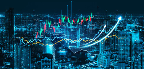 A stunning city skyline at night showcasing dynamic financial graphs. The image represents the fusion of urban landscapes with data analytics in modern finance. Scalp