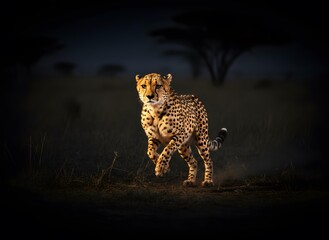 Fast African Cheetah Sprinting Across Dry Grass Savannah at Dusk, Dramatic Cinematic Wildlife Action Shot