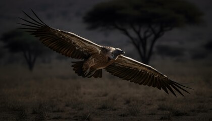 Fototapeta premium Powerful White-Backed Vulture Soaring Wide Across Dark African Savannah Sky, Dramatic Cinematic Wildlife Flight Portrait