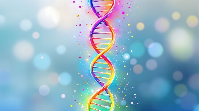 Vibrant dna double helix with rainbow colors on blurred background