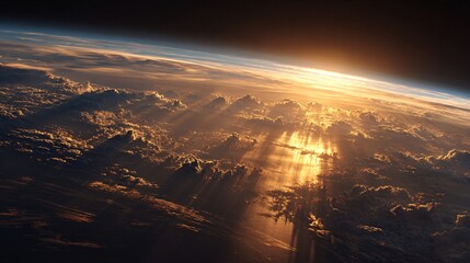 Sunrise over clouds from space showing earth's curvature and atmosphere.
