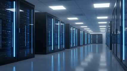 Server racks in server room data center - Cloud Computing, Artificial Intelligence, Database Concept. Internet Traffic on Servers. Information Technology. VFX Animation. Dolly Shot.