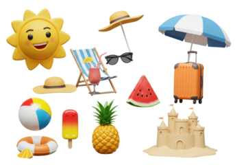 Cheerful anthropomorphic 3D sun, beach essentials, watermelon, cocktail, sandcastle on a white studio background with copy space, evoking joyful summer vacation anticipation