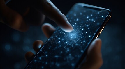 Hand touches a smartphone screen displaying a digital network or starry sky.