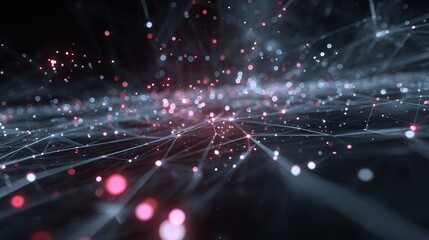 Abstract network of interconnected nodes and lines in a dark space.