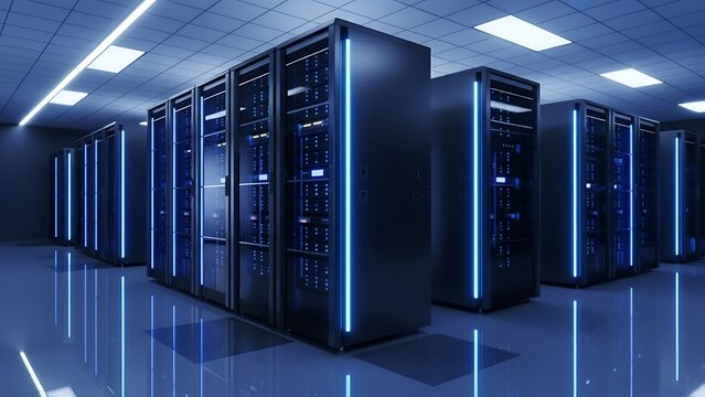 Server racks in server room data center - Cloud Computing, Artificial Intelligence, Database Concept. Internet Traffic on Servers. Information Technology. VFX Animation. Dolly Shot.