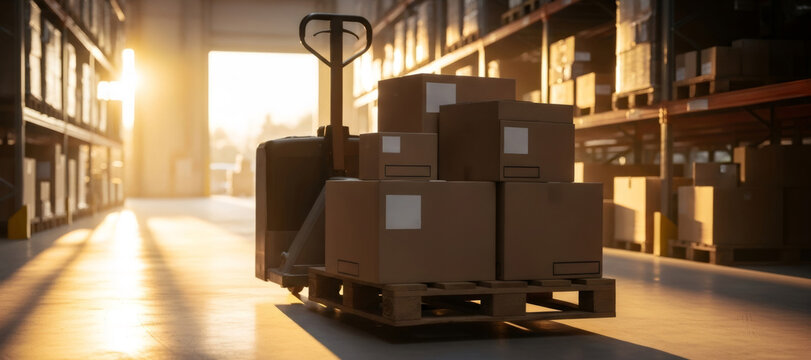 Cardboard box on pallet jack in a warehouse at sunrise. Cargo moving in delivery service distribution center. Logistics and supply chain concept. Banner with copy space