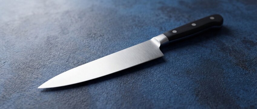 Professional chef's knife with a black handle on a dark blue background