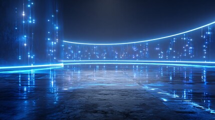Abstract glowing blue lines and particles create a futuristic space or environment.