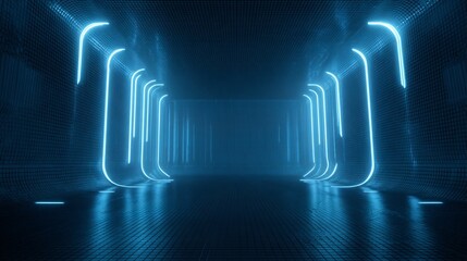 Abstract futuristic corridor with glowing blue neon lights and reflections.