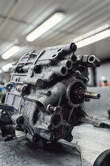 Professional car gearbox transmission repair and maintenance service in an industrial garage....