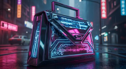 A futuristic briefcase with neon lights on a wet city street at night with signs and a car blurred