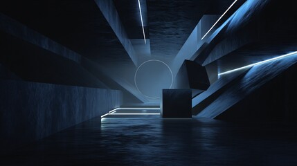 Abstract geometric shapes illuminated with blue light in a dark industrial setting.
