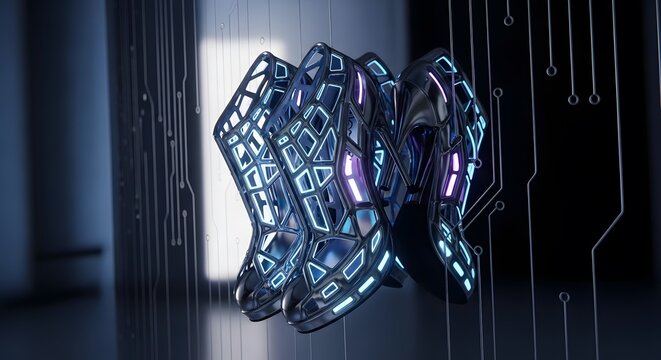 Futuristic boots with geometric design and neon lights against a circuit board background design