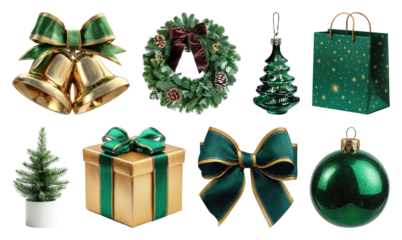 PNG Festive green and gold decorations, element set on transparent background