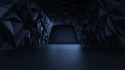 Dark abstract polygonal cave or tunnel interior with light at the end.