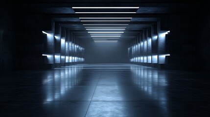 Illuminated dark corridor with reflective floor and futuristic architecture abstract scene.